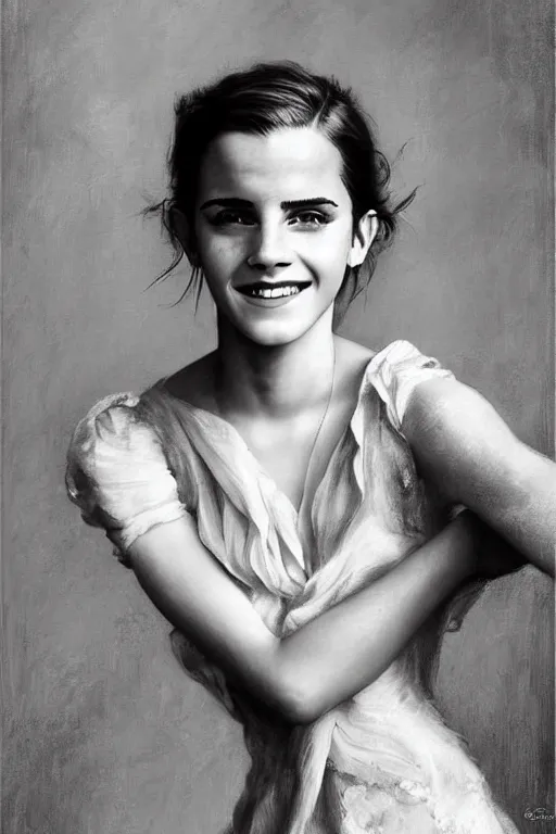 Image similar to emma watson smiling laughing gathered faille v - neck smiling detailed portrait painting by gaston bussiere craig mullins j. c. leyendecker photograph by richard avedon peter lindbergh