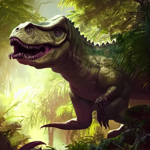 Image similar to a dinosaur in the jungle, huggy wuggy from poppy playtime video game, fullbody, ultra high detailed, oil painting, greg rutkowski, charlie bowater, yuumei, yanjun cheng, unreal 5, daz, hyperrealistic, octane render, rpg portrait, dynamic lighting, fantasy art, beautiful face