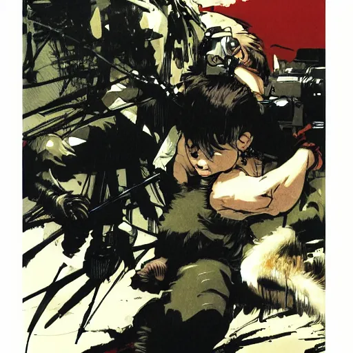 Image similar to a tight shot of a monkey attacking a child in Japan by Yoji Shinkawa and Ashley Wood, rule of thirds