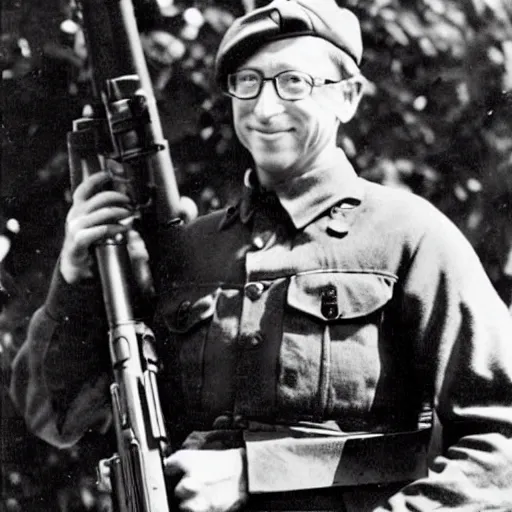 Image similar to old wartime photograph of bill gates holding a lewis gun, 1 9 1 7