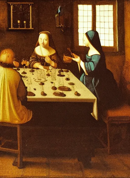 Image similar to a candlelit table at the inn, evening, dark room, two people sitting at the table, swirling smoke, dark smoke, realistic, in the style of leonardo da vinci, dutch golden age, amsterdam, medieval painting by jan van eyck, johannes vermeer, florence