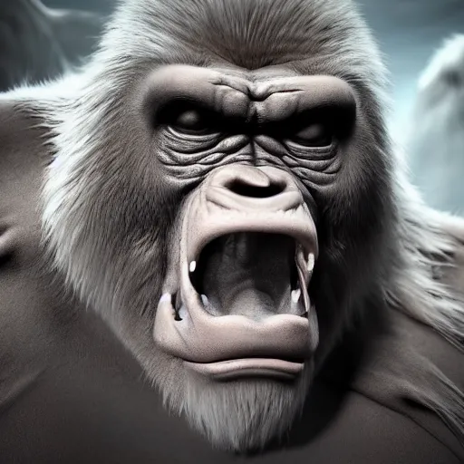 Prompt: extremely scary angry old tough rough looking albino gorilla. scars, scary, gruffness, interesting 3 d character concept by square enix, in the style of league of legends, hyper detailed, character modeling, cinematic, final fantasy, character concept, ray tracing, fur details, maya, c 4 d, artstation