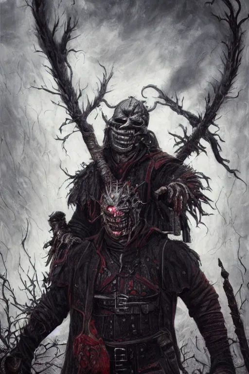 Image similar to a full body high detail fantasy portrait oil painting illustration of slipknot band bloodborne by justin sweet with face and body clearly visible, in a scenic background, insane, realistic proportions, d & d, rpg, forgotten realms, artstation trending, high quality, sombre mood, artstation trending, muted colours, entire person visible!