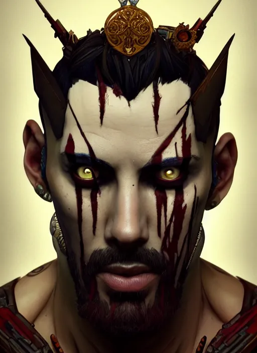 Prompt: symmetry!! portrait of crowned! borderlands 3 ( male ) psycho, ( beard ) ( scars ) ( wounds ) ( piercings ), intricate, elegant, highly detailed, digital painting, artstation, concept art, smooth, sharp focus, illustration, art by artgerm and greg rutkowski and alphonse mucha, 8 k