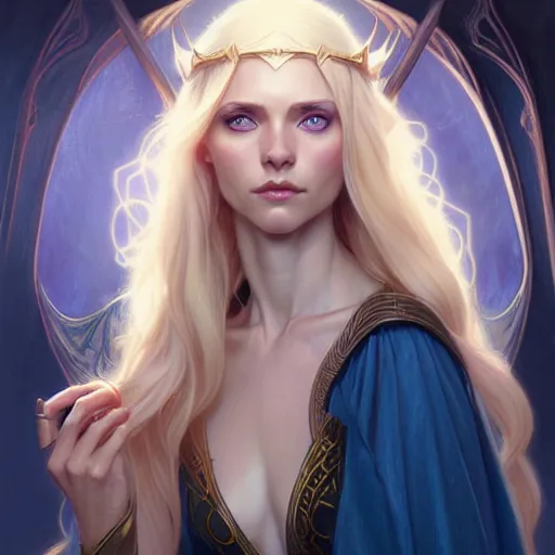 Image similar to half elf sorceress, D&D, blue eyes, blonde hair, fantasy, intricate, elegant, highly detailed, digital painting, artstation, concept art, smooth, sharp focus, illustration, art by artgerm and greg rutkowski and alphonse mucha