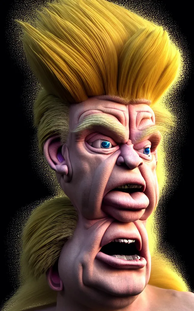 Image similar to hyperrealistic mixed media painting of Donald Trump as a Troll doll, stunning 3d render inspired art by P. Craig Russell and Barry Windsor-Smith + perfect facial symmetry + dim volumetric lighting, head and shoulders, serious expression, 8k octane beautifully detailed render, post-processing, extremely hyperdetailed, intricate, epic composition, grim yet sparkling atmosphere, cinematic lighting + masterpiece, trending on artstation, very detailed, masterpiece, stunning