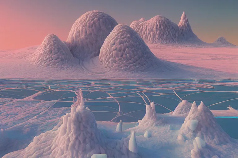 Prompt: a hd render of a surreal frozen landscape, by beeple and salvador dali