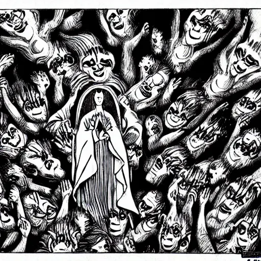 Prompt: An junji ito style drawing of the virgin of guadalupe rising above hundreds of demonic angels