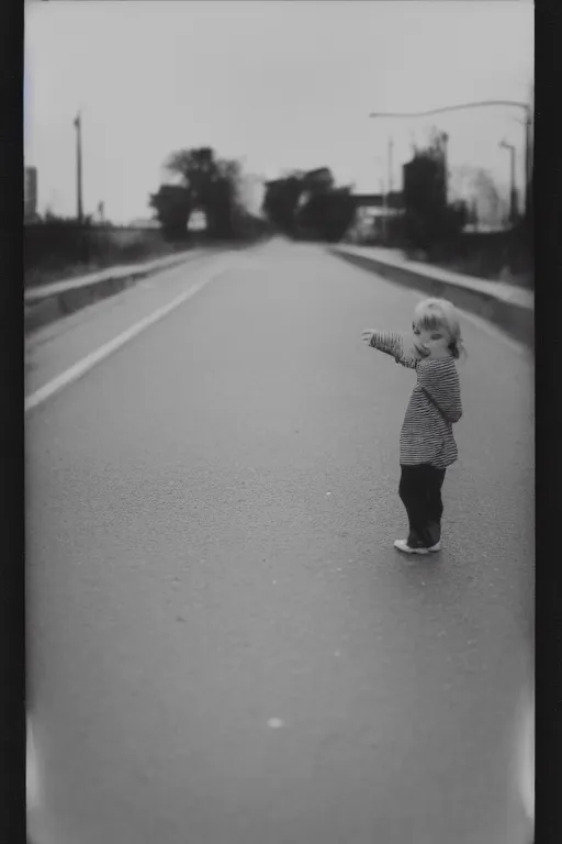 Image similar to polaroid photo of sad and lonely child in the middle of an empty street in a big city, wet collodion technique, photorealistic, 35mm film, lens 85mm, f2.8, black and white, polaroid, view camera.