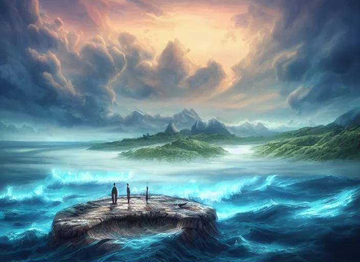 Image similar to epic fantasy landscape, drowning in the water, beautiful sky by Cyril Aquasixio Rolando, Cyril Rolando,