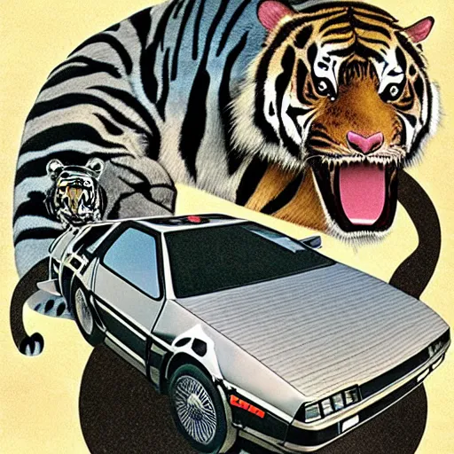 Image similar to a delorean protecting a tiger, japanese magazine collage, art by hsiao - ron cheng and utagawa kunisada