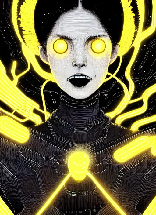 Image similar to highly detailed closeup portrait of wasteland long glowing yellow and white plasma hair tribal lady, stray electric spark wiring by atey ghailan, james gilleard, by joe fenton, by greg rutkowski, by greg tocchini, by kaethe butcher, 4 k resolution, gradient yellow, black and white color scheme!!! ( ( lightning robotic city background ) )