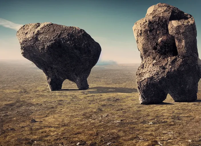 Image similar to giant interdimensional rock creatures enter the distant horizon, a vast landscape, awe inspiring, wide angle, cinematographic photo