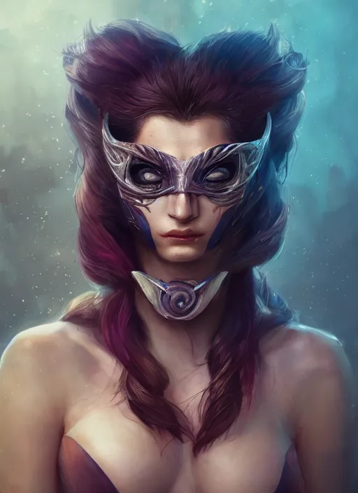 Image similar to renata glasc, from league of legends, wearing a mask, au naturel, hyper detailed, digital art, trending in artstation, cinematic lighting, studio quality, smooth render, unreal engine 5 rendered, octane rendered, art style by klimt and nixeu and ian sprigger and wlop and krenz cushart