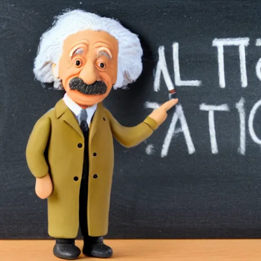 Prompt: claymation miniature scene of albert einstein standing in front of miniature blackboard writing lots of mathematical formulas with chalk, anatomically correct, hands retouched