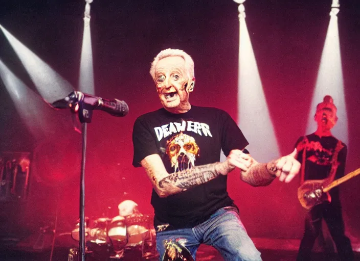 Image similar to publicity photo still of bob barker in a death metal band playing live on stage, 8 k, live concert lighting, mid shot