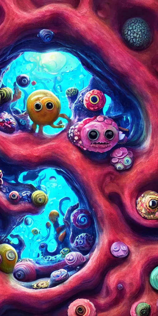 Image similar to of a colorful deep sea cave with strange cute friendly happy creatures with huge eyes, mouth, long tongue and round teeth appearing from sandy coral, in the style of gehry and gaudi, macro lens, shallow depth of field, ultra detailed, digital painting, trending artstation, concept art, illustration, cinematic lighting, photorealism, epic, octane render