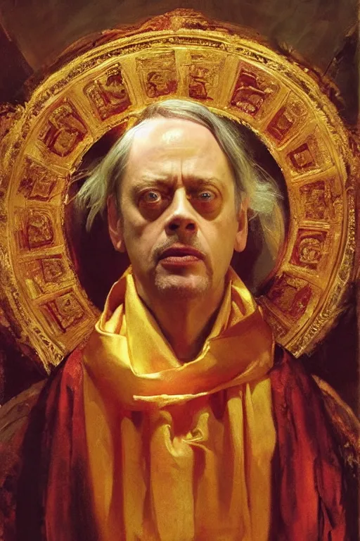 Prompt: beautiful portrait oil painting, steve buscemi wearing a golden wreath in royal crimson robes enthroned as the god emperor of ancient rome, mid - shot, by anders zorn, wonderful masterpiece by greg rutkowski, beautiful cinematic light, american romanticism, by thomas lawrence, greg rutkowski