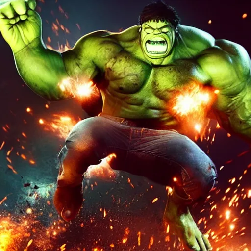 Image similar to hulk fighting juggernaut cain marko in an epic action scene, jumping, fists, explosive, marvel cinematic universe, photo realistic, super high resolution, shocking lights