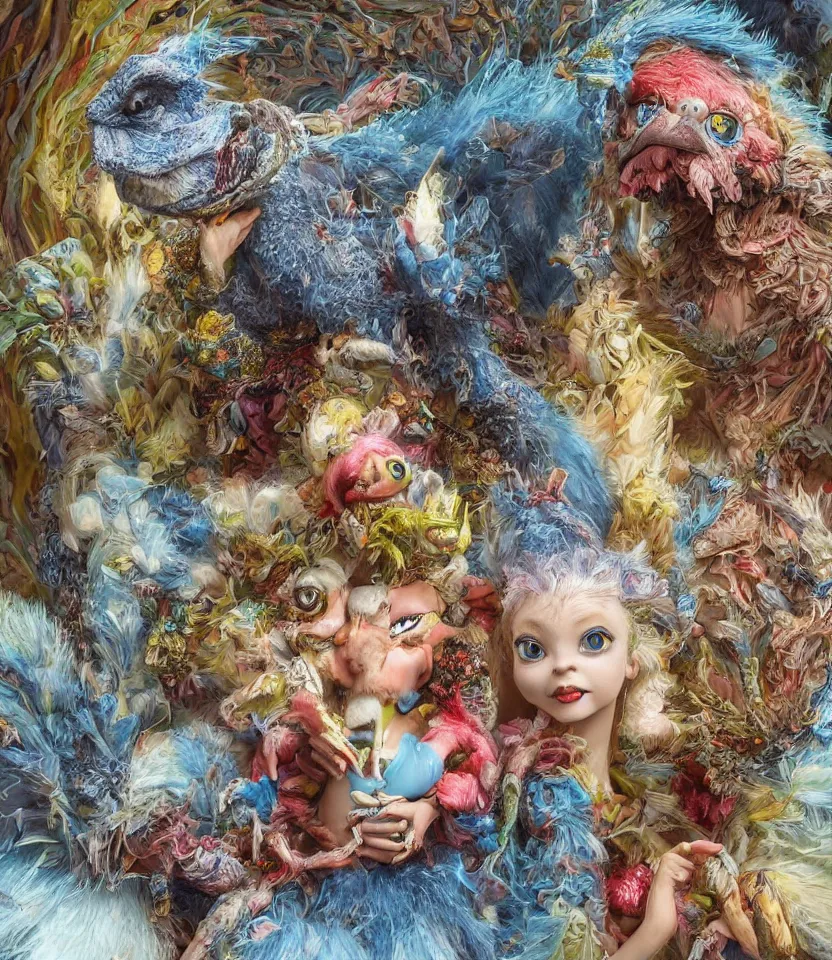 Image similar to hyper detailed 3d render like a Oil painting - kawaii portrait of hopeful lovers hugging tight or kissing pecking adorably Aurora (a beautiful girl skeksis muppet fae princess protective playful expressive acrobatic from dark crystal that looks like Anya Taylor-Joy) seen red carpet photoshoot in UVIVF posing in scaly dress to Eat of the Strangling network of yellowcake aerochrome and milky Fruit and His delicate Hands hold of gossamer polyp blossoms bring iridescent fungal flowers whose spores black the foolish stars by Jacek Yerka, Ilya Kuvshinov, Mariusz Lewandowski, Houdini algorithmic generative render, golen ratio, Abstract brush strokes, Masterpiece, Edward Hopper and James Gilleard, Zdzislaw Beksinski, Mark Ryden, Wolfgang Lettl, hints of Yayoi Kasuma and Dr. Seuss, Grant Wood, octane render, 8k