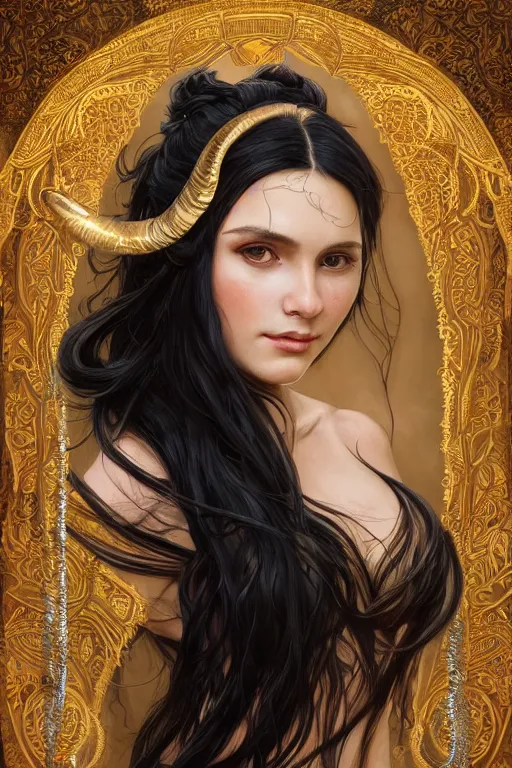 Prompt: a beautiful woman with long black hair, big natural ram horns on her head, flowing dress, gold jewellery, dnd, face, fantasy, intricate, elegant, highly detailed, digital painting, artstation, concept art, smooth, sharp focus, illustration, art by artgerm and greg rutkowski and alphonse mucha