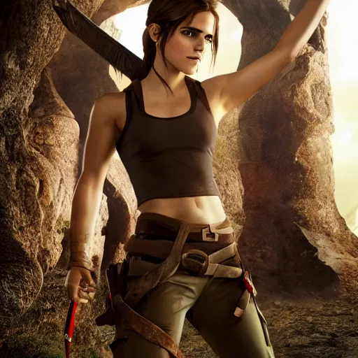 Image similar to Emma Watson modeling as Lara Croft from Zelda, (EOS 5DS R, ISO100, f/8, 1/125, 84mm, postprocessed, crisp face, facial features)