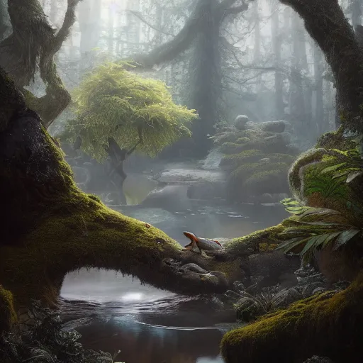 Prompt: soft painting render curiosities alien pond vegetation rocks, beautiful action shot fox covered moss scintillating, accurate features, focus, very intricate ultrafine details, random volumetric lighting, dense fog, award winning masterpiece, octane render 8 k hd, artstation, tom bagshaw