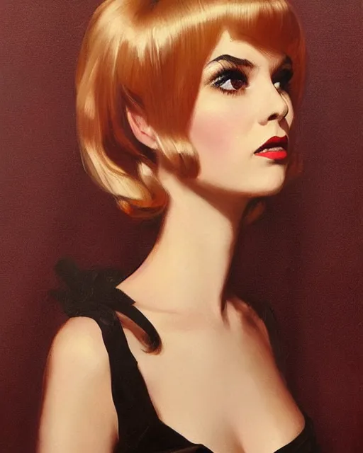 Image similar to portrait 1 9 6 0 s elegant blonde beautiful mod girl, long straight 6 0 s hair with bangs, groovy, by brom, tom bagshaw, sargent