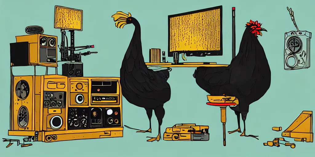 Image similar to 'black chicken'!!! smoking 'cannabis'!!!!!! in front of 'audio console'!!!! and 'multi monitors'!!!! 'in a hi-tech tv broadcasting studio'!!!!, artwork by James Gilleard