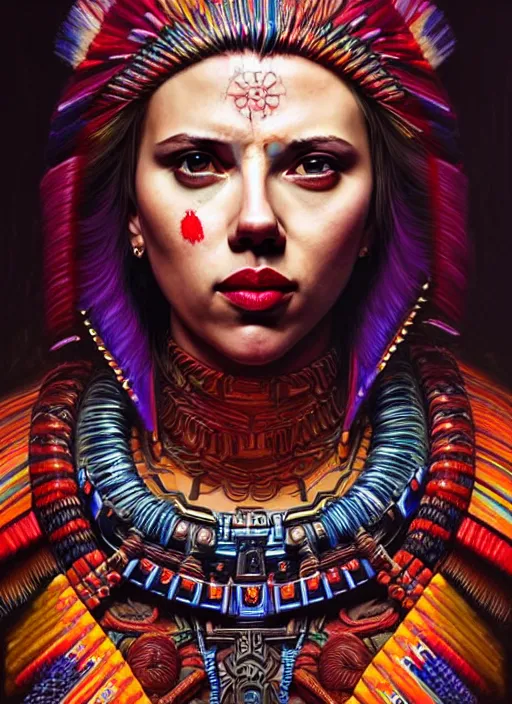 Prompt: portrait of scarlett johansson, hyper detailed ultra sharp aztec shaman warrior. trending on artstation, warpaint aesthetic, bloodwave, colorful, psychedelic, ornate, intricate, digital painting, concept art, smooth, sharp focus, illustration, art by artgerm and greg rutkowski and h. r. giger, 8 k