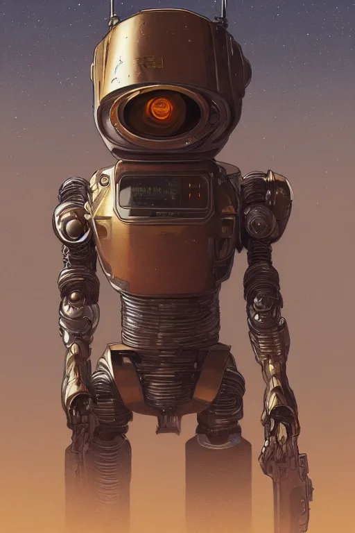 Prompt: portrait of a robot with a bronze armor, landing on the moon, highly detailed, digital painting, artstation, concept art, sharp focus, illustration, art by WLOP and tian zi and alphonse mucha