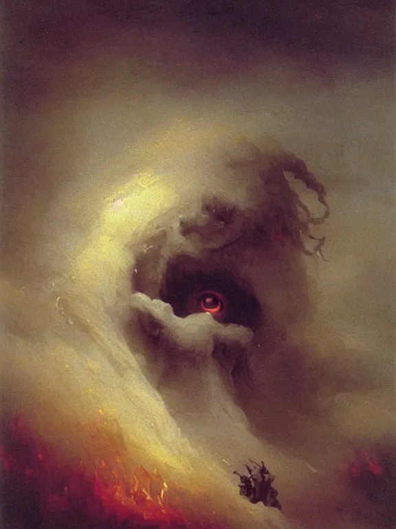 Image similar to painting by ivan aivazovsky of a flying sorrowful looking human head with tears running down it's eyes, face that is chalk white in color, with long sprawling white tentacles stemming down it's neck, fiery scorching red eyes, flying in a terrying hellish dark cavernous place