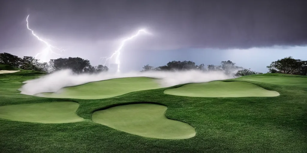 Image similar to a great photograph of the most amazing golf hole in the world, on top of the clouds, lightning storm, ambient light, golf digest, top 1 0 0, fog