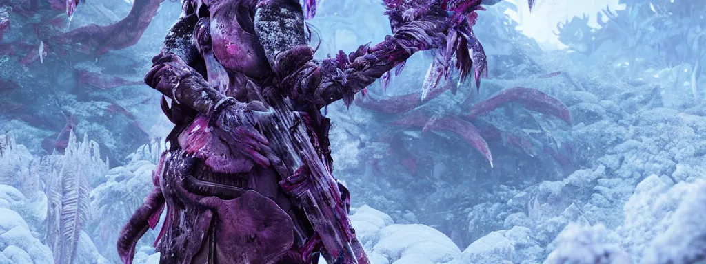 Image similar to frosty warrior woman with a body of ice, walking in a dense alien snow covered frosty jungle, with snow covered colourful red, blue and purple plants, large vines, snow covered arched organic rock structures, in the style of monster hunter world, like concept art on artstation, hyperdetailed, vray render, octane render,