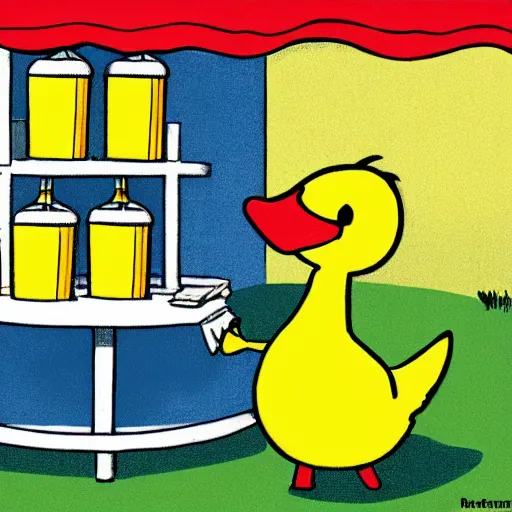 Prompt: a yellow human sized duck standing next to a lemonade stand, cartoon, high resolution