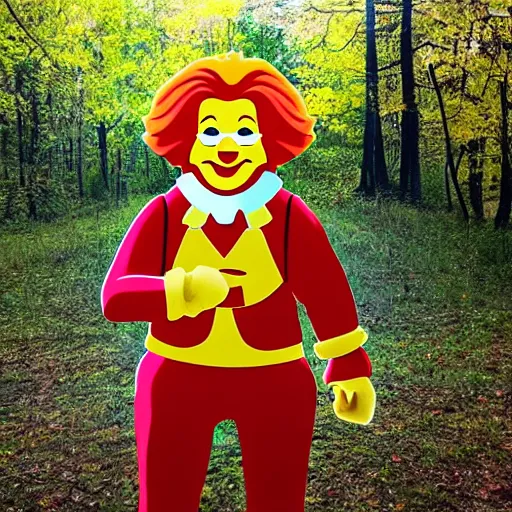 Image similar to trail cam photo of Ronald McDonald staring directly at the camera