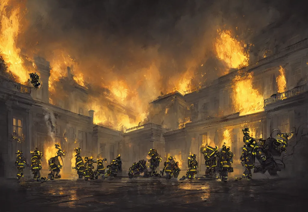 Image similar to one heroic firefighters with black and yellow uniforms in action inside white house, interior background, fire flames, sharp details, sharp focus, photorealistic, octane, hyper detailed, trending on deviantart, illustration, by jordan grimmer and greg rutkowski and pine ( ハイネ ), intricate