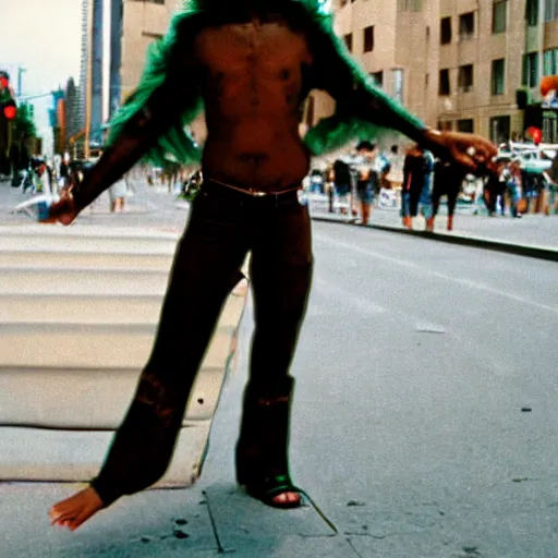 Image similar to Xavier renegade angel 1980s street performer, shot on 35mm film