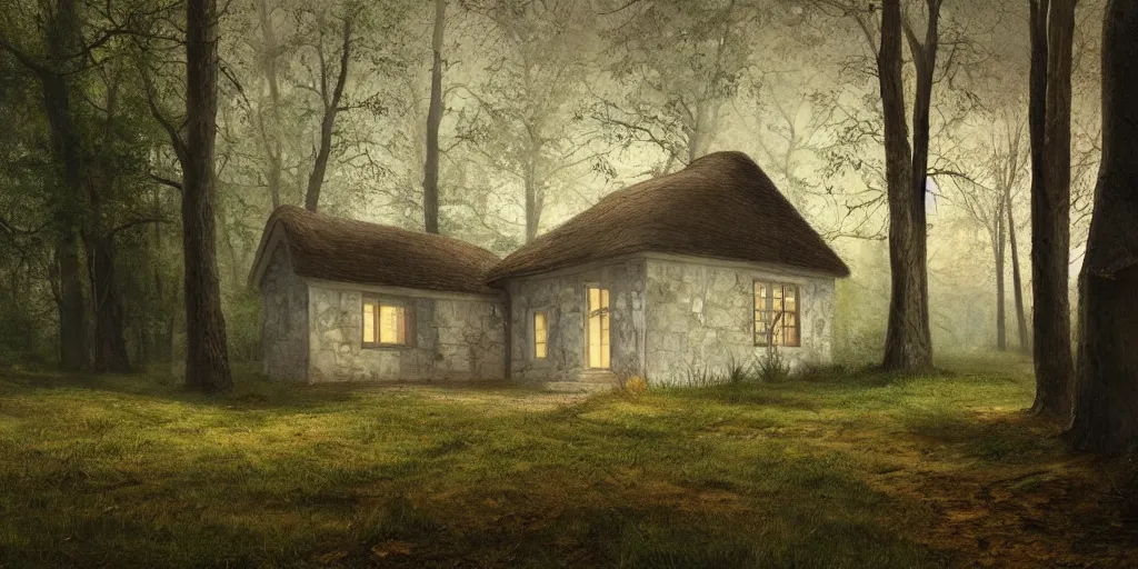 Prompt: a painting of a close up of a single cottage with a thached roof in the woods and empty woods, 8k, fantasy, hyper realistic, atmospheric lighting, cinematic