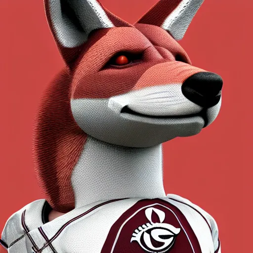 Image similar to A dingo mascot, maroon and white, NFL, highly detailed design, high evolution, legendary, smooth, sharp focus, dynamic lighting, intricate, trending on ArtStation, art by Paul Rand