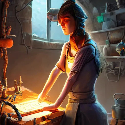 Image similar to An epic fantasy comic book style portrait painting of a young tinker girl working on a device in her workshop, unreal 5, DAZ, hyperrealistic, octane render, cosplay, RPG portrait, dynamic lighting