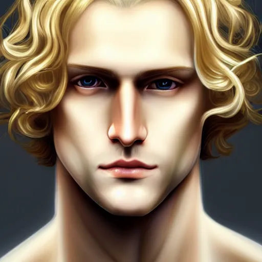 Image similar to Johan Liebert the pale blond androgynous god of the sun, highly detailed, very very very long curly golden blond hair, baroque curls, curtain bangs, central parted fringe, extremely luscious curly blond hair, very very very pale white skin, digital painting, artstation, concept art, soft light, sharp focus, illustration