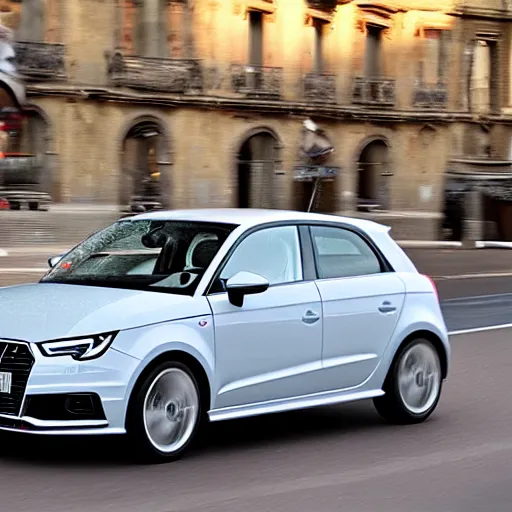 Prompt: an italian man in an audi a 1 that's full of crumbs