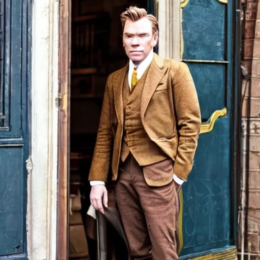 Image similar to ewan mcgregor from behind dressed as a gentleman in early 2 0 th century paris cafe. warm colour, brown colours, yellow colours