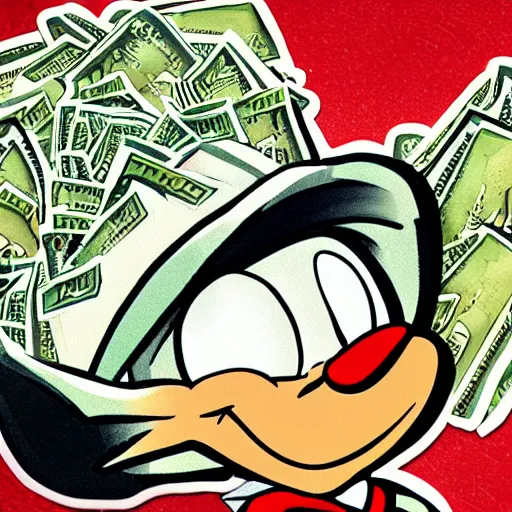 Image similar to sticker of uncle scrooge surrounded with dollar bills, stylized