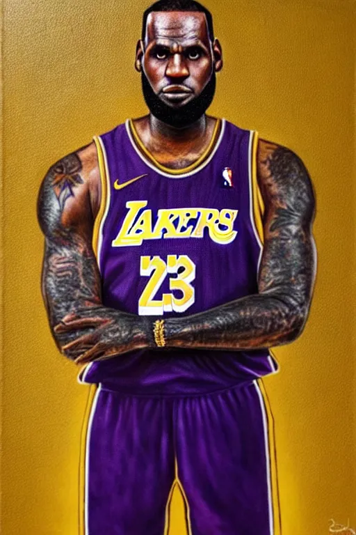Prompt: full body portrait of the dictator of the los angeles lakers, lebron james 1 8 8 9, in full military garb, oil on canvas by william sidney mount, trending on artstation