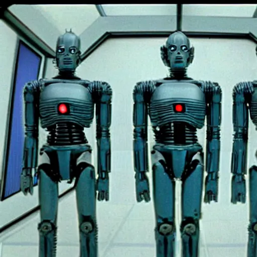 Prompt: movie still, 1 9 8 0 s, androids, hyperdetailed, by ridley scott and john carpenter, blue leds