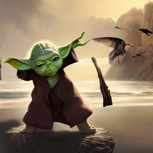 Image similar to Yoda smacking a seagull with a stick, hyperdetailed, artstation, cgsociety, 8k