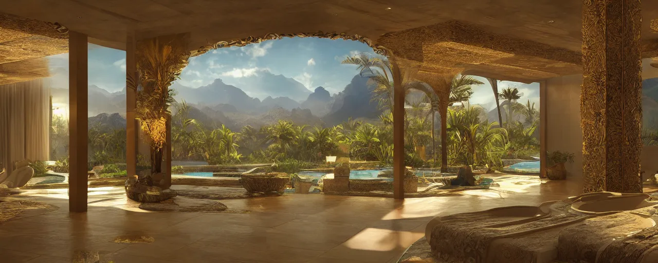 Image similar to surreal hyper luxury spa with intricate golden details with view to arid mountains and palm forest, ultra detailed, photorealism, sharp focus, volumetric light, global illumination