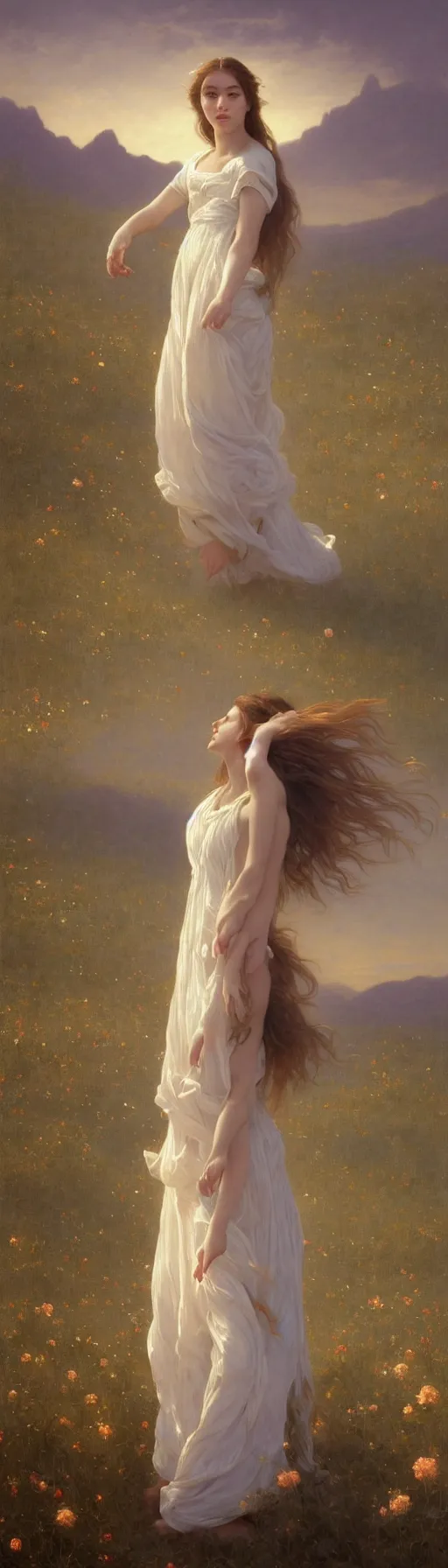 Image similar to oil painting portrait of a young woman with long flowing hair in a white dress, dancing through a field of flowers at sunset with mountains in the background, hazy, chiaroscuro, artstation, cinematic, golden hour, digital art painting by greg rutkowski, william - adolphe bouguereau, hazy atmosphere, flowers, cinematic lighting